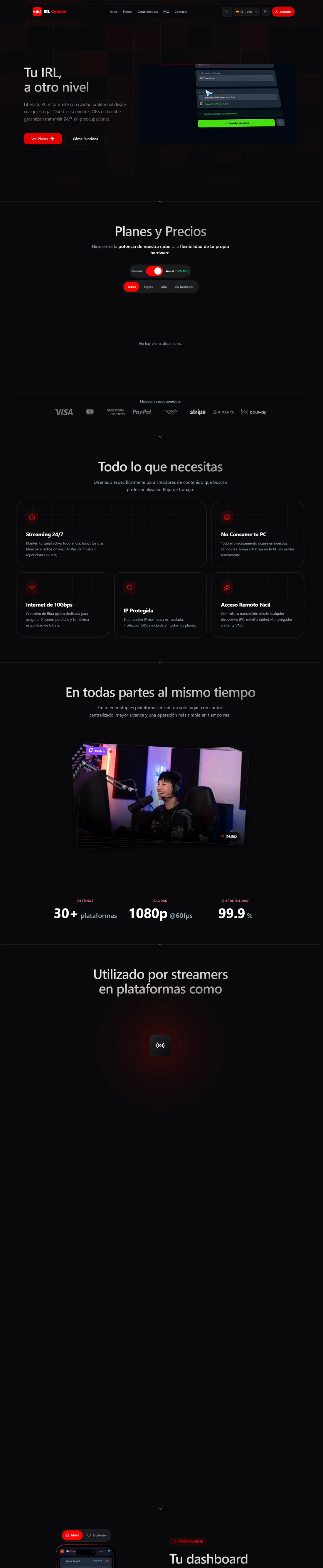 Página completa de IRL Control Cloud en escritorio