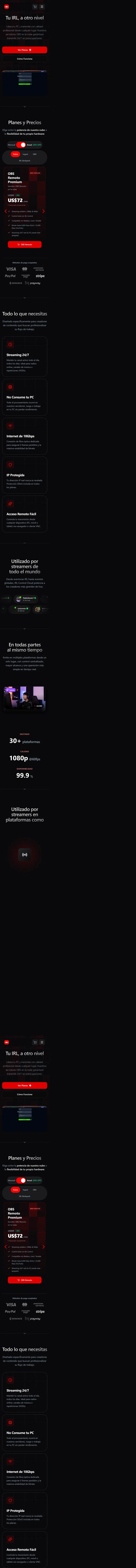 Página completa de IRL Control Cloud en mobile